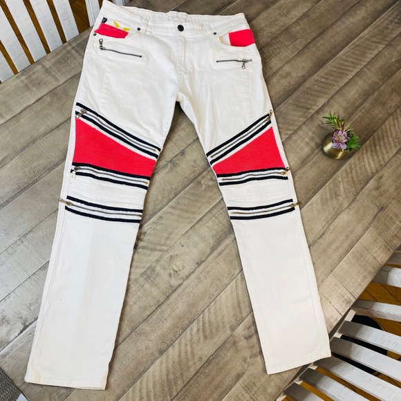 Robin's Jeans‎ White and Red Biker Zipper Trim Size W36 L31 - Picture 1 of 14